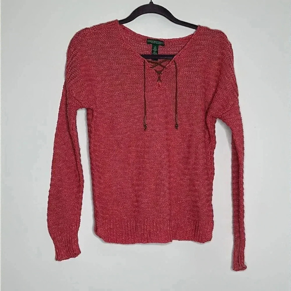 Ralph Lauren Linen Cotton Knitted Tunic Sweater Pullover Dusty Pink Suede Tassel - Picture 1 of 7